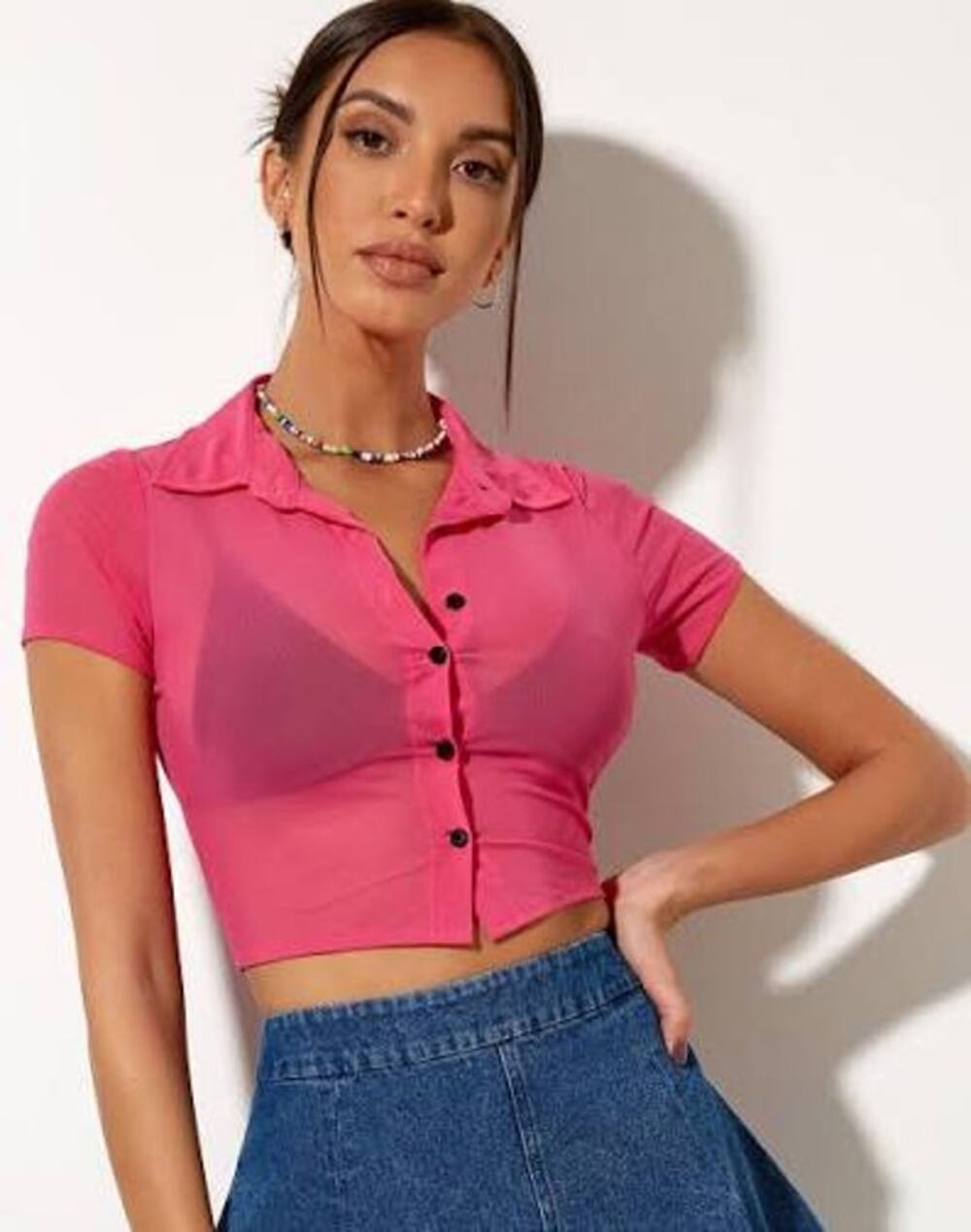 Motel Keliso Pink Mesh Button Up Shirt Size Small